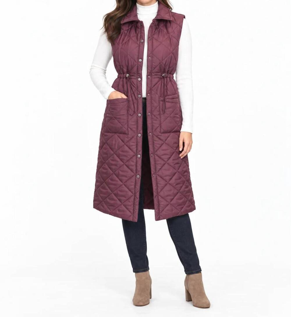 NEW PAPILLON drawstring waist puffer long vest in plum